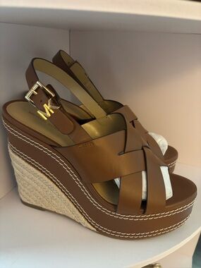 Nora Michael Kors Brown Leather Wedge Sandals. New